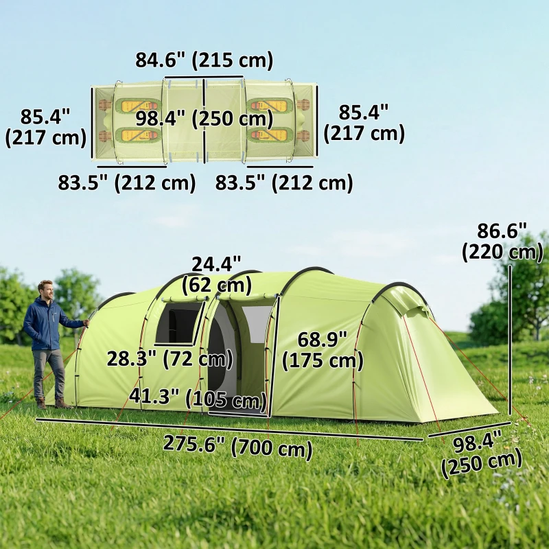 Outsunny 6 Person Camping Tent with Porch, Large Family Tent with 2 Bedroom and Living Room, Light Green