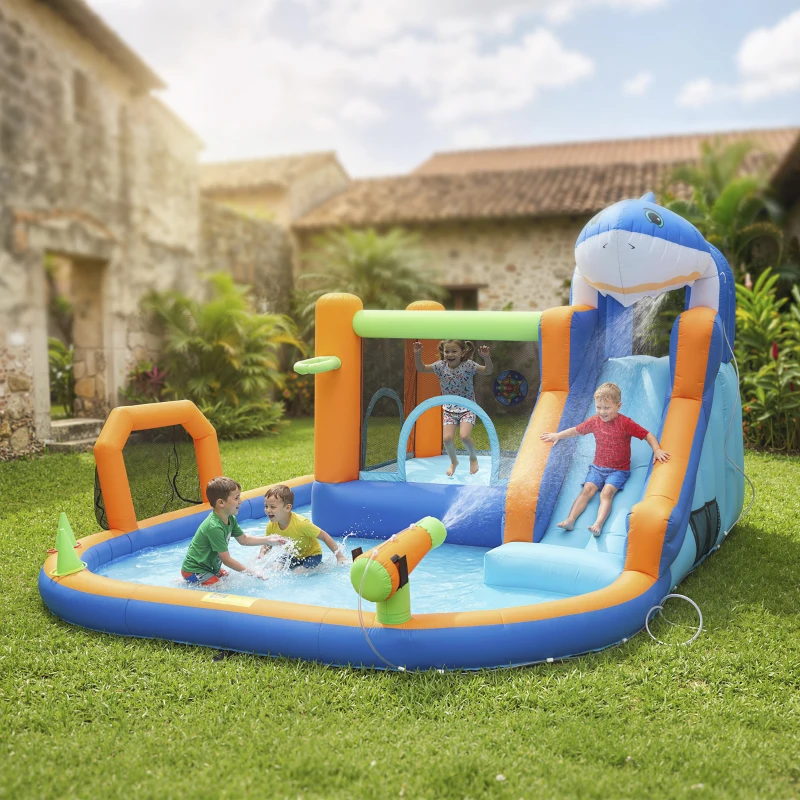 Qaba Inflatable Bounce House for Kids, Sharks Theme Jumping Bouncy Castle with Slide and Pool for Indoor Outdoor, Blue