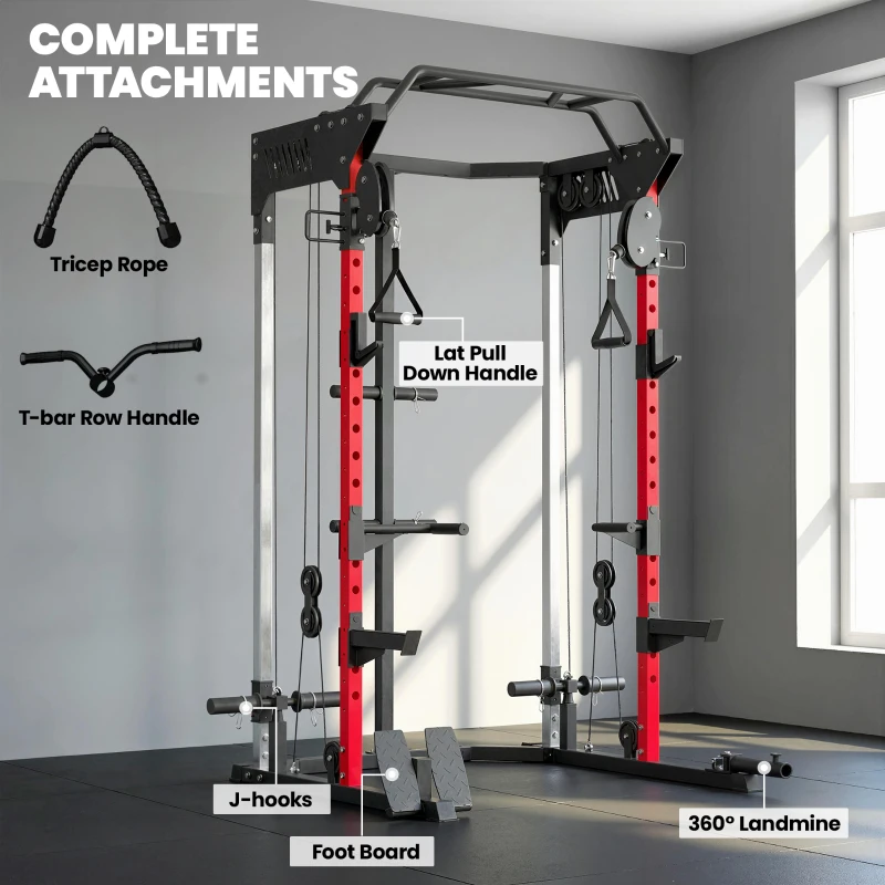 Soozier Power Cage, Power Rack with Adjustable Cable Pulley System, Pull-Up Bar, Dip Station, Landmine
