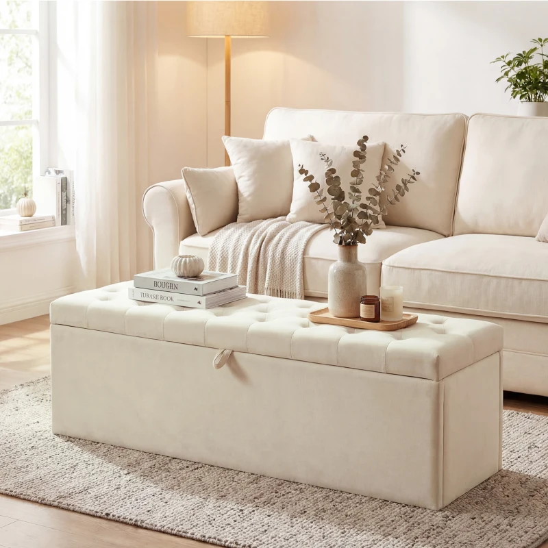 HOMCOM Storage Ottoman, Upholstered Velvet End of Bed Bench, Button Tufted Storage Bench for Bedroom, Living Room, Beige