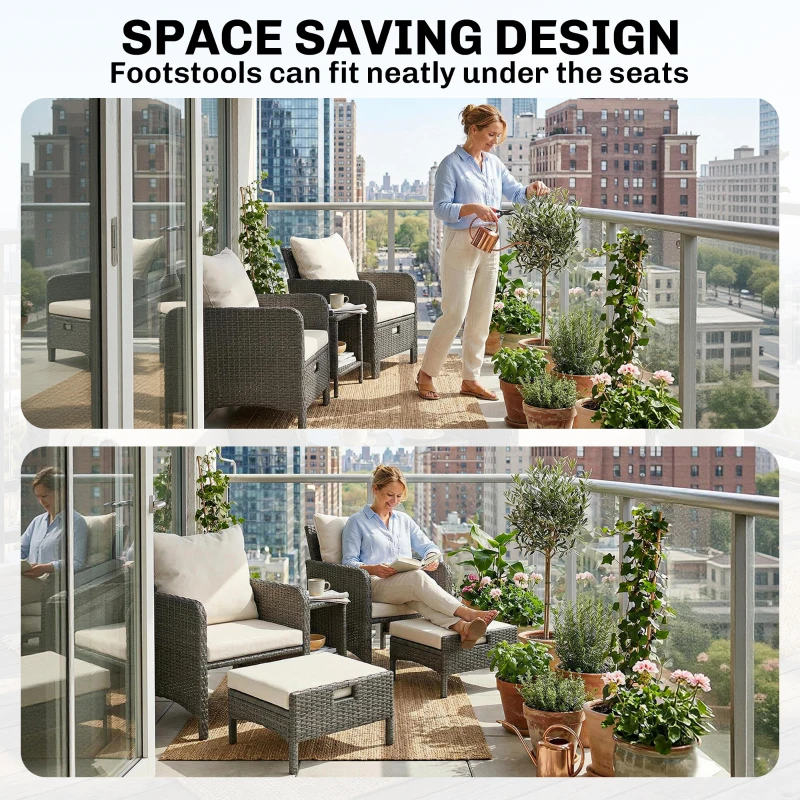 Outsunny 5 Piece Patio Furniture Set, Wicker Outdoor Furniture Set, 23.6" Seat, Ottomans, Glass Table, Cushions, Beige