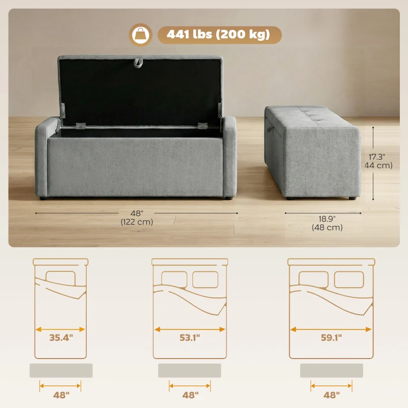 HOMCOM Storage Ottoman Bench, Linen-Look Fabric Upholstered Ottoman with Storage, Wide Padded Seat, Light Grey
