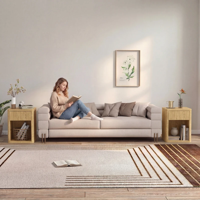 HOMCOM Nightstand with Drawer and Open Shelf, Modern Bedside Table Set of 2 for Bedroom Living Room, Oak