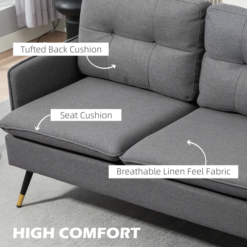 HOMCOM 55" Loveseat Sofa, Linen Love Seat w/ S spring, Steel Legs and Button Tufting, Small Couch for Living Room, Dark Grey