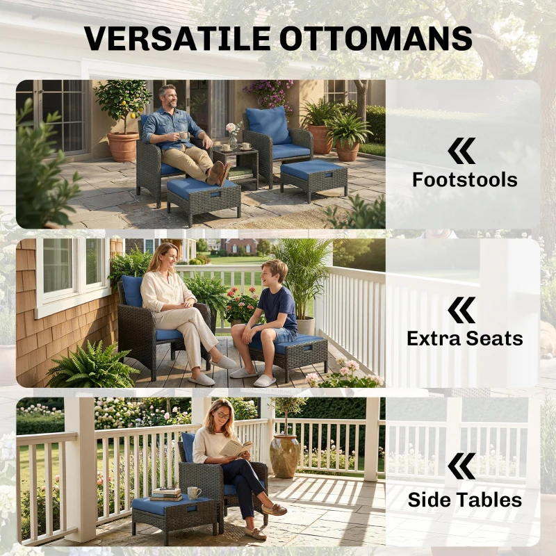 Outsunny 5 Piece Patio Furniture Set, Wicker Outdoor Furniture Set, 23.6" Seat, Ottomans, Glass Table, Cushions, Navy Blue
