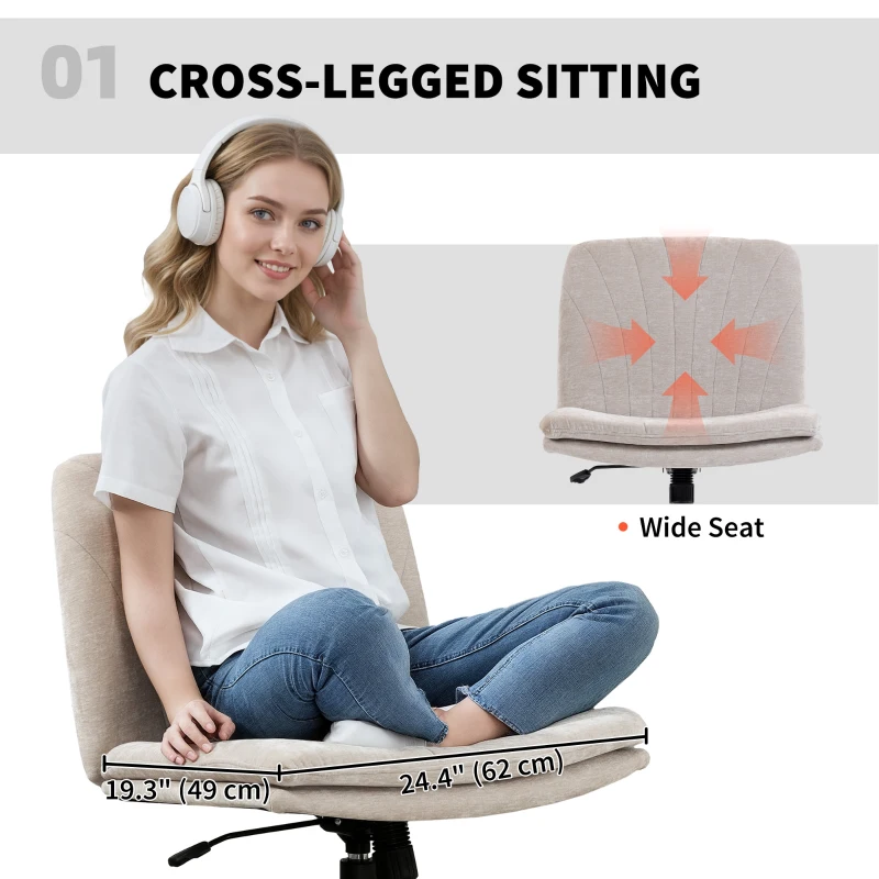 HOMCOM Criss Cross Chair with Wheels, Wide Office Chair with No Arms, Adjustable Height, Tilting, Beige