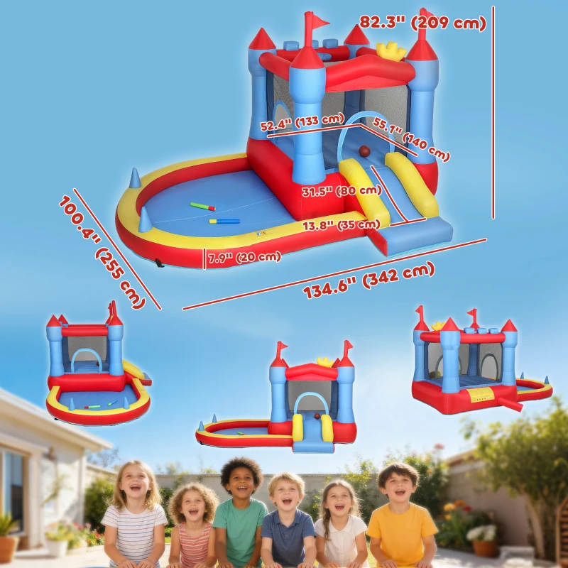 Qaba Bouncy Castle for Kids, Inflatable Bounce House with Slide, Pool/Ball Pit, Basketball Hoop and Blower for Indoor Outdoor