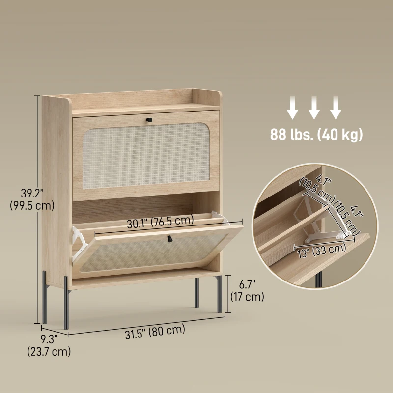 HOMCOM Shoe Cabinet with 2 Flip Drawers, Boho Narrow Shoe Storage Cabinet, Oak