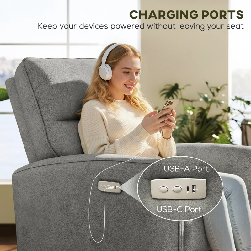 HOMCOM Power Recliner Chair, Fabric Upholstered Recliner Chair with USB Ports, Footrest, Grey