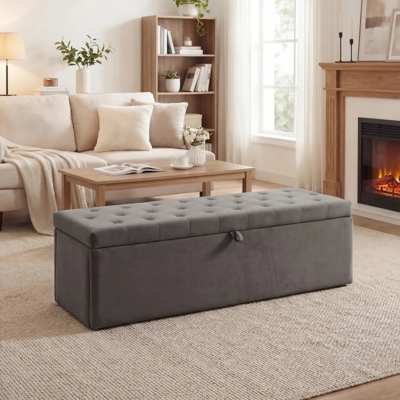 HOMCOM Storage Ottoman, Upholstered Velvet End of Bed Bench, Button Tufted Storage Bench for Bedroom, Living Room, Grey