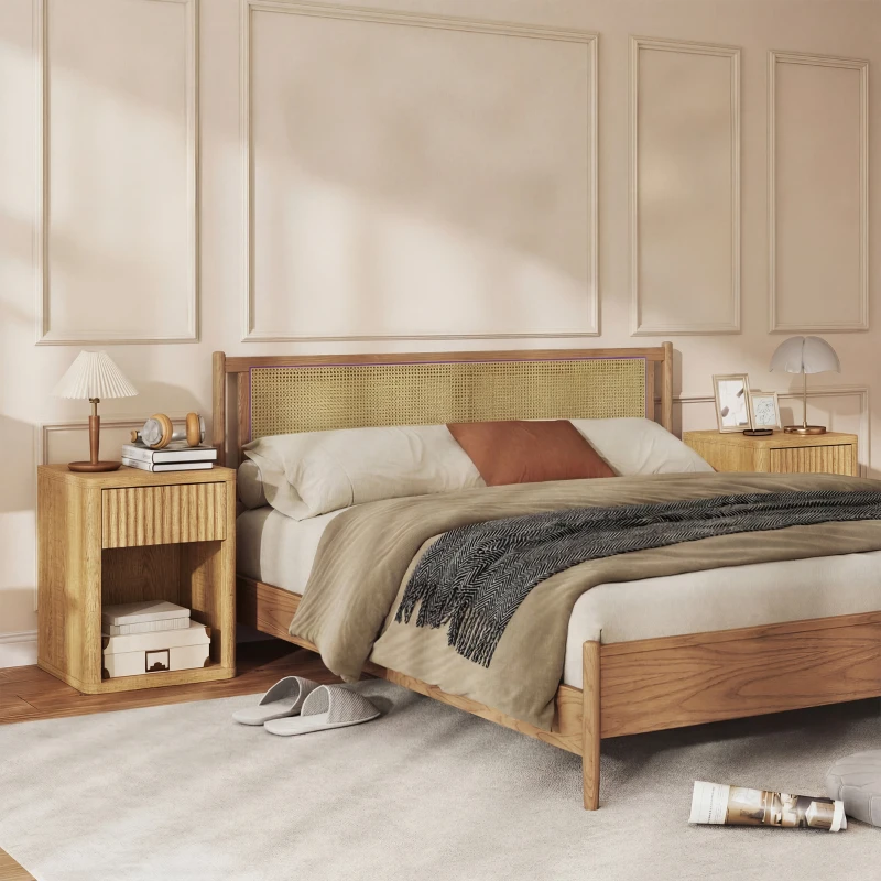 HOMCOM Nightstand with Drawer and Open Shelf, Modern Bedside Table Set of 2 for Bedroom Living Room, Oak