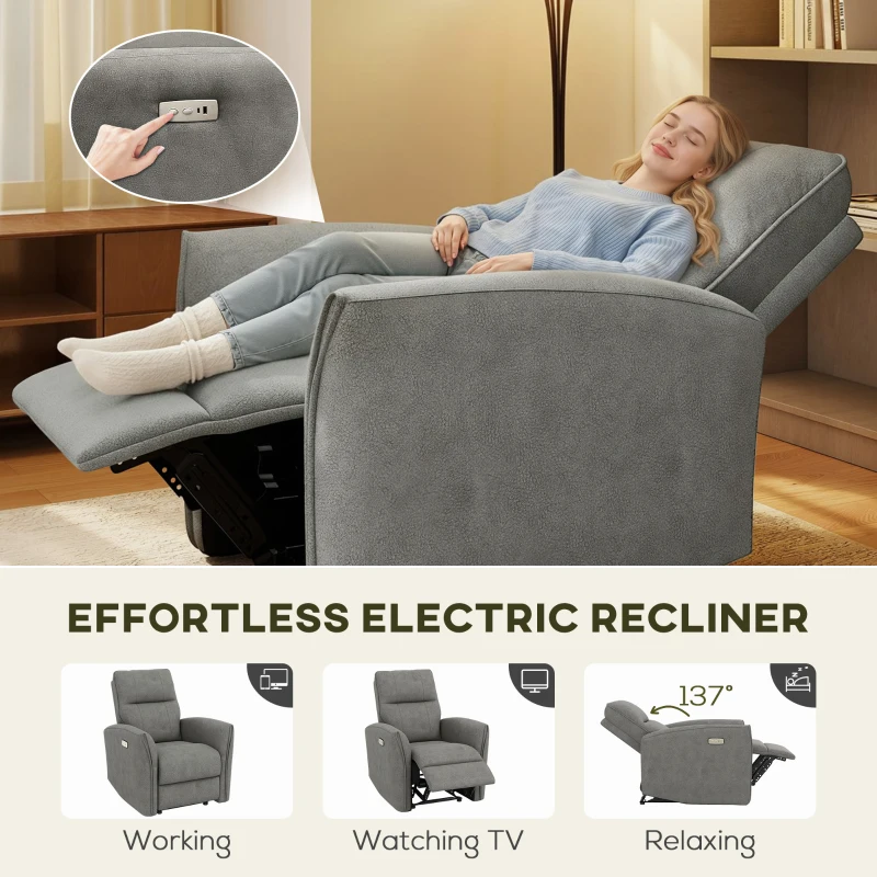 HOMCOM Power Recliner Chair, Fabric Upholstered Recliner Chair with USB Ports, Footrest, Grey