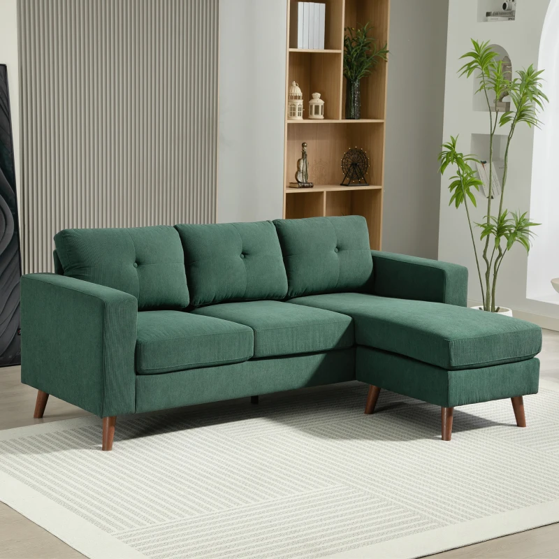HOMCOM Sectional Sofa with Changeable Chaise Lounge, 3 Seat L-Shaped Sofa, Upholstered Couch for Small Space, Dark Green