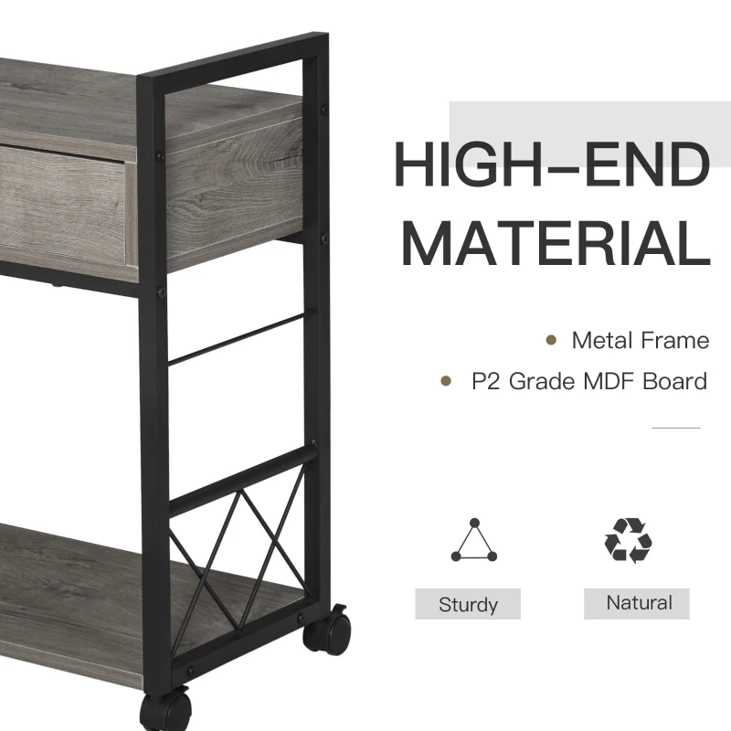 HOMCOM Industrial End Table with Drawer and Bottom Shelf, Mobile Side Table with 4 Wheels for Living Room,Grey