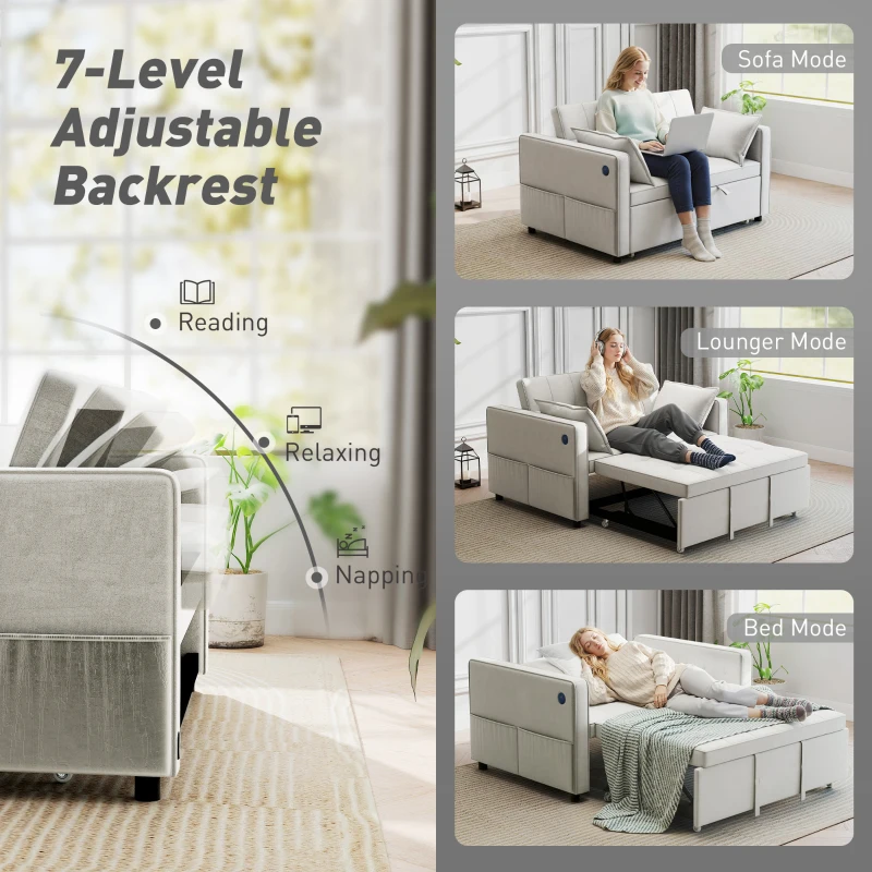 HOMCOM 3‑in‑1 Convertible Sofa Bed, Pull Out Sleeper Sofa with USB Charging, Adjustable Backrest, Side Pockets, Beige
