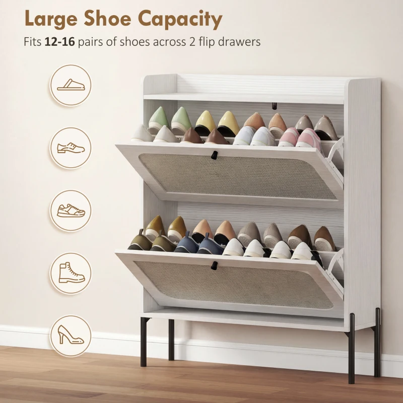 HOMCOM Shoe Cabinet with 2 Flip Drawers, Boho Narrow Shoe Storage Cabinet, White