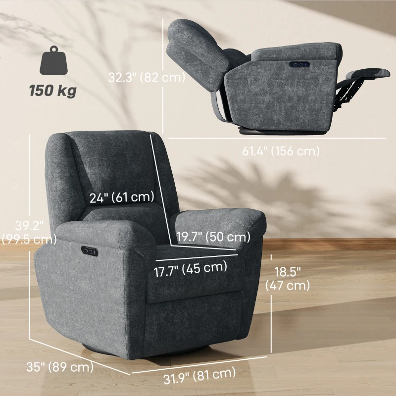 HOMCOM Power Recliner Chair, Fabric Upholstered Recliner Chair with USB Ports, Swivel and Rocking Function, Footrest, Dark Grey