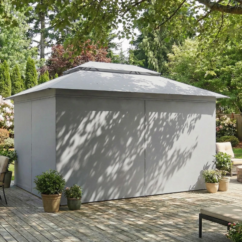 Outsunny 10' x 13' Patio Gazebo, UPF50+ Double Roof Outdoor Gazebo Canopy with Netting and Curtains, Steel Frame, Dark Grey