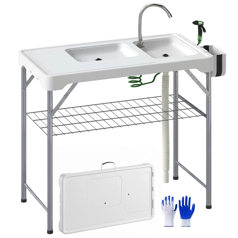 Outsunny Folding Fish Cleaning Table with Sinks, Portable Camping Sink Table with Faucet, Drainage Hose, Sprayer, Shelf, Drawer and Storage Basket, Outdoor Fillet Table for Picnic Beach Patio, White