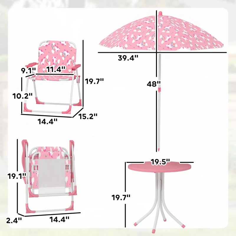 Qaba Kids Picnic Table, Kids Table and Chair Set with 2 Folding Chairs and Umbrella for Backyard, Garden, Patio, Pink