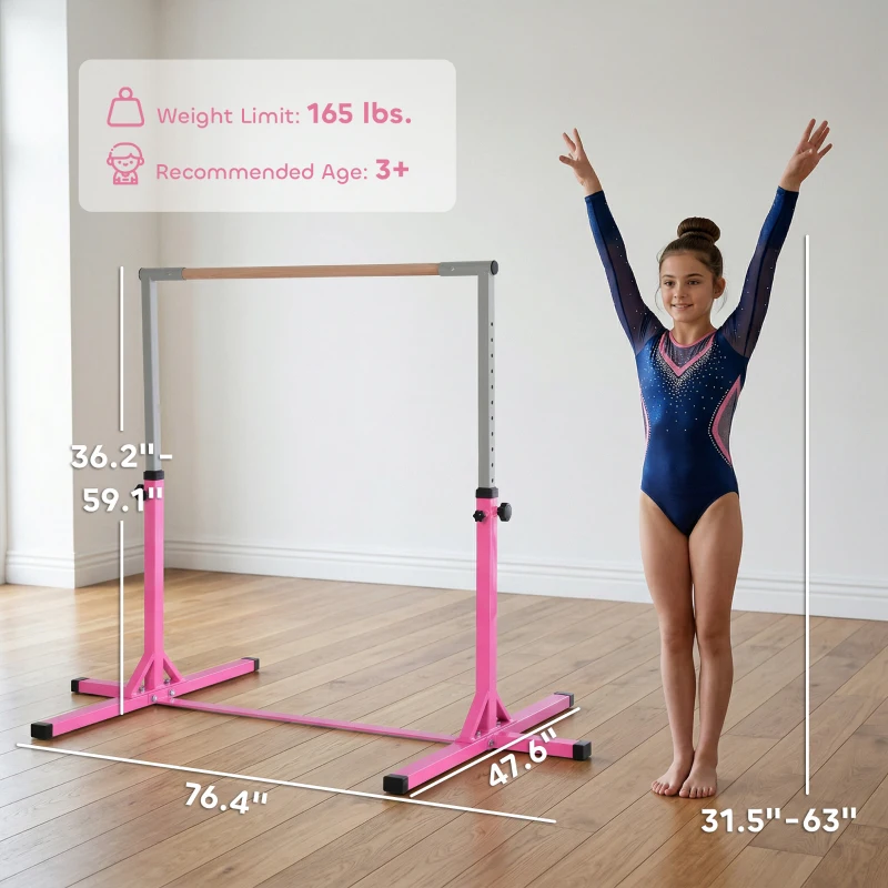 Soozier Gymnastics Bar for Kids, Adjustable Height Kip Bar for Home, Pink