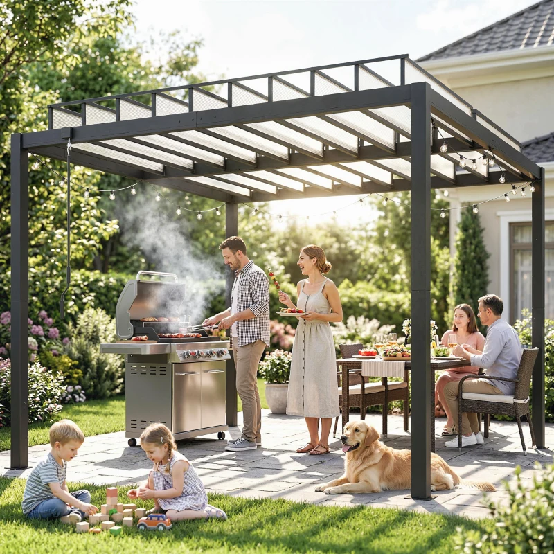 Outsunny 9.5 x 10 ft Louvered Pergola with PC Roof, Aluminium Outdoor Pergola Gazebo with Drainage Gutters, Handle, Clear