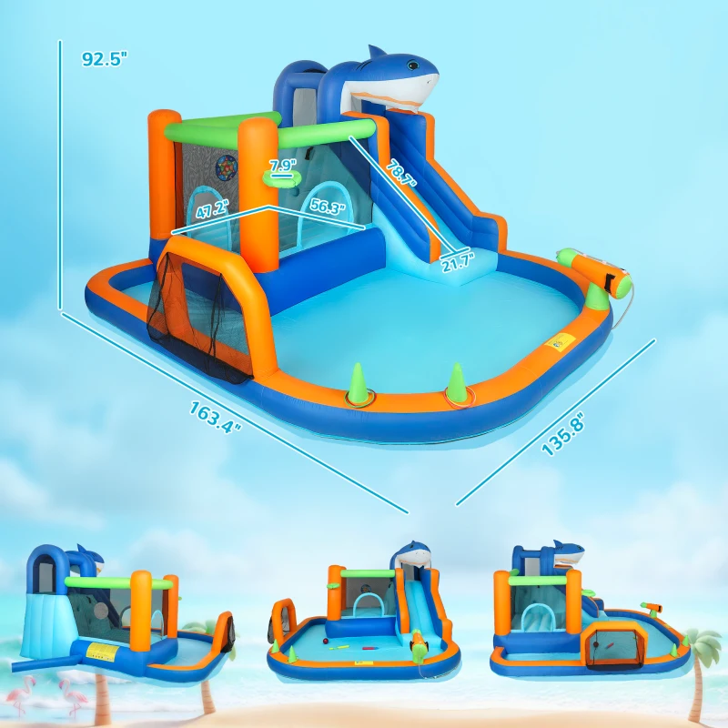 Qaba Inflatable Bounce House for Kids, Sharks Theme Jumping Bouncy Castle with Slide and Pool for Indoor Outdoor, Blue