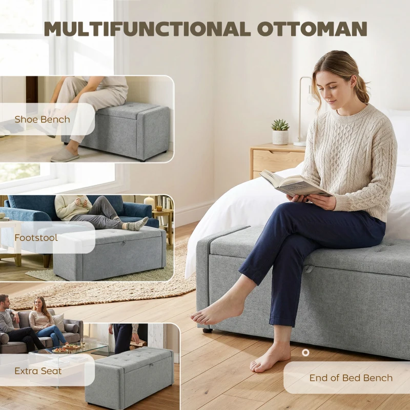 HOMCOM Storage Ottoman Bench, Linen-Look Fabric Upholstered Ottoman with Storage, Wide Padded Seat, Light Grey