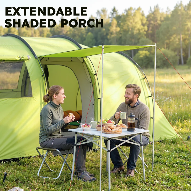 Outsunny 6 Person Camping Tent with Porch, Large Family Tent with 2 Bedroom and Living Room, Light Green