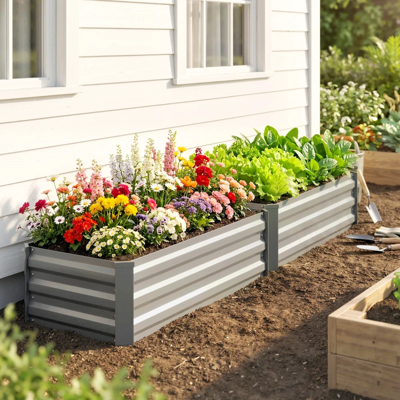Outsunny Set of 2 Galvanized Raised Beds for Garden, Outdoor Planter Box for Flowers, Herbs and Vegetables, Light Grey
