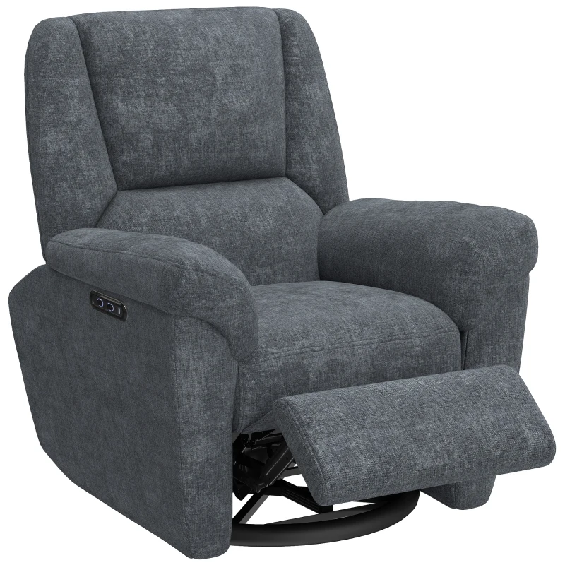 HOMCOM Power Recliner Chair, Fabric Upholstered Recliner Chair with USB Ports, Swivel and Rocking Function, Footrest, Dark Grey