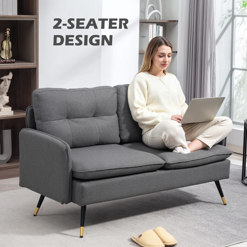 HOMCOM 55" Loveseat Sofa, Linen Love Seat w/ S spring, Steel Legs and Button Tufting, Small Couch for Living Room, Dark Grey