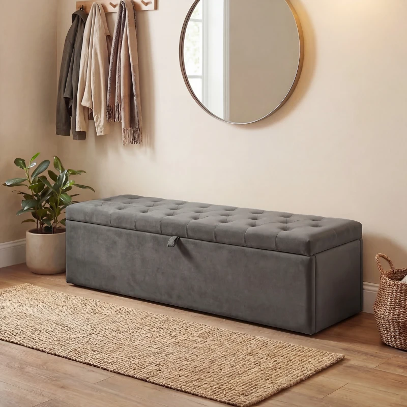 HOMCOM Storage Ottoman, Upholstered Velvet End of Bed Bench, Button Tufted Storage Bench for Bedroom, Living Room, Grey