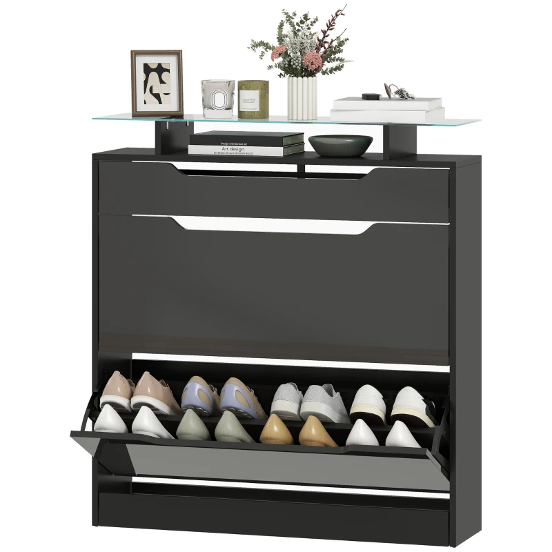 HOMCOM High Gloss Shoe Cabinet with 2 Flip Drawers and Adjustable Shelves, Narrow Shoe Storage Cabinet with Glass Top, Black