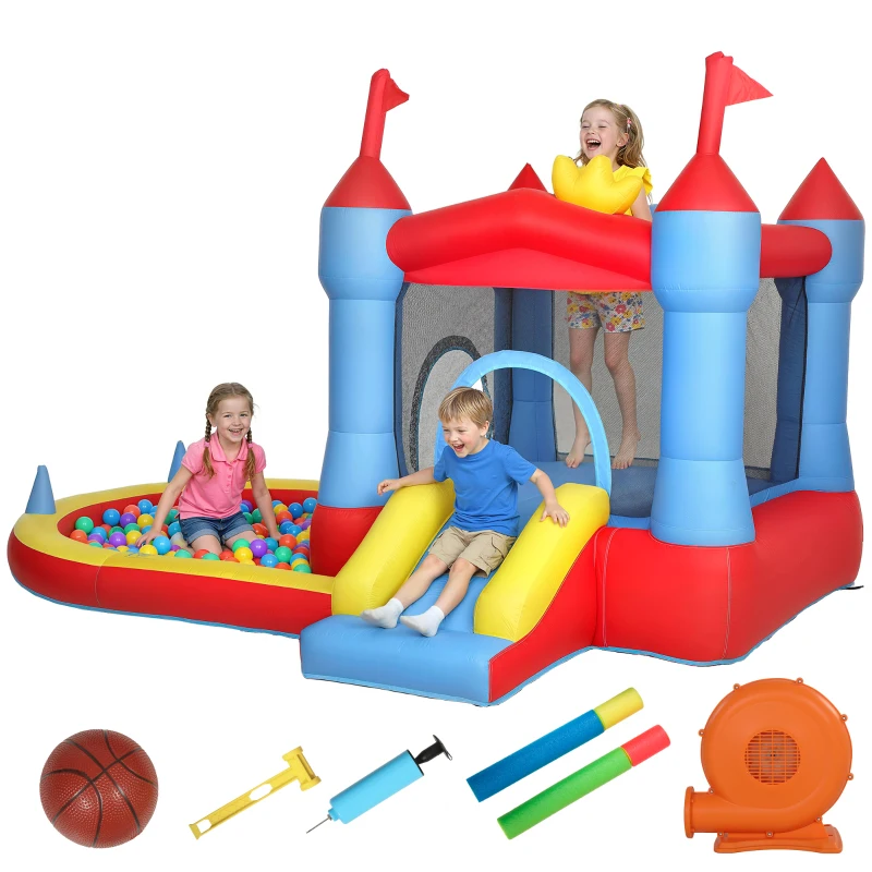 Qaba Bouncy Castle for Kids, Inflatable Bounce House with Slide, Pool/Ball Pit, Basketball Hoop and Blower for Indoor Outdoor