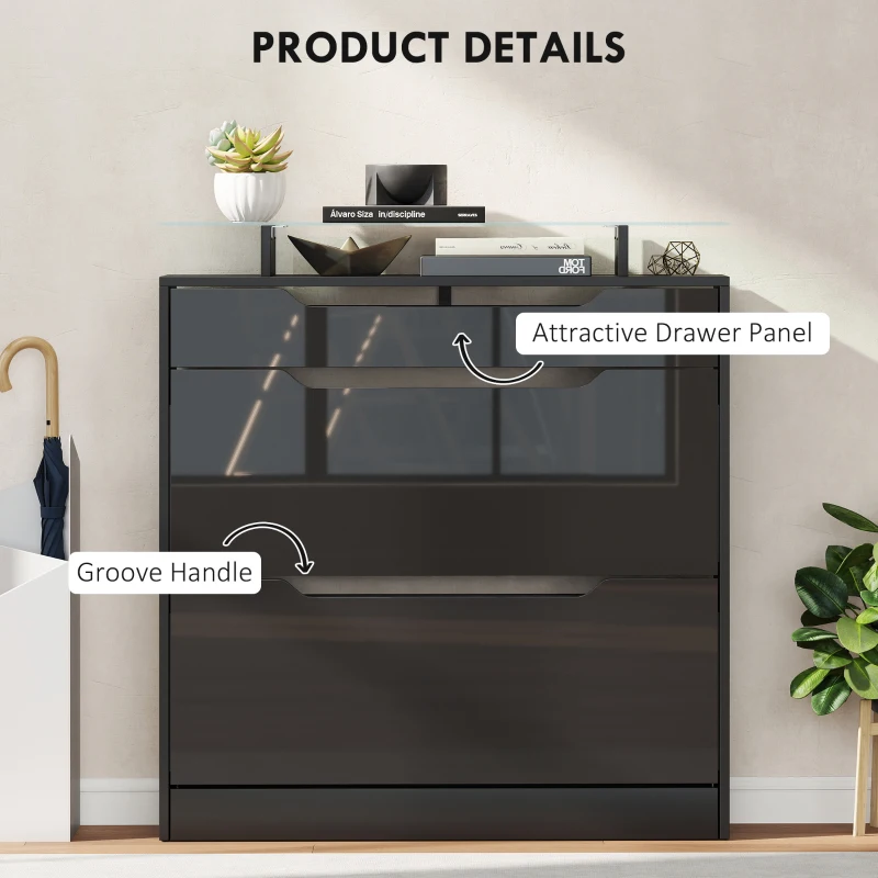 HOMCOM High Gloss Shoe Cabinet with 2 Flip Drawers and Adjustable Shelves, Narrow Shoe Storage Cabinet with Glass Top, Black