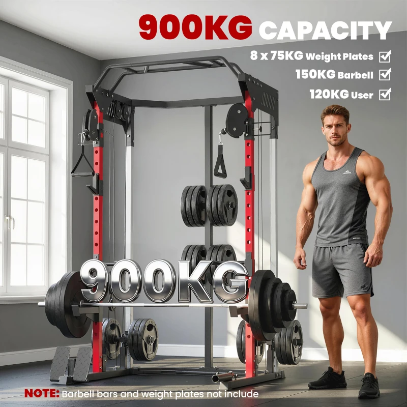 Soozier Power Cage, Power Rack with Adjustable Cable Pulley System, Pull-Up Bar, Dip Station, Landmine