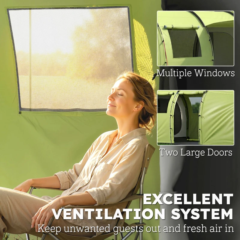 Outsunny 6 Person Camping Tent with Porch, Large Family Tent with 2 Bedroom and Living Room, Light Green