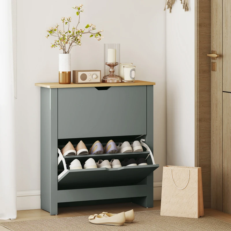 HOMCOM Shoe Storage Cabinet with 2 Flip Drawers and Adjustable Shelves for 8–12 Pairs of Shoes, Light Grey