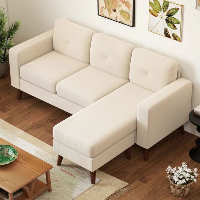 HOMCOM Sectional Sofa with Changeable Chaise Lounge, 3 Seat L-Shaped Sofa, Upholstered Couch for Small Space, Cream White