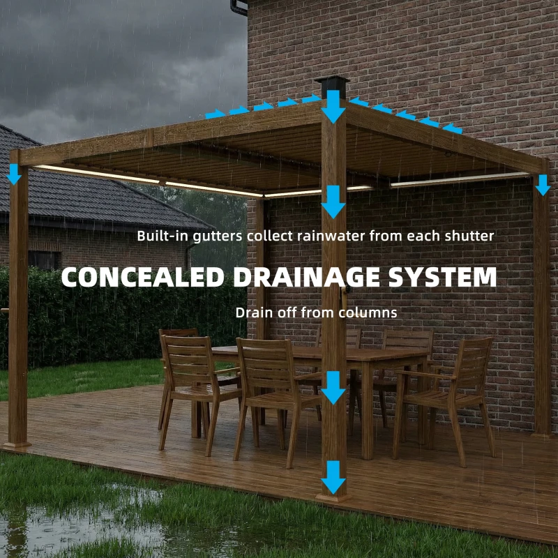 Outsunny 10' x 10' Louvered Pergola with Solar LED lights, Metal Roof, Outdoor Pergola Patio Gazebo with Drainage Gutters, Brown