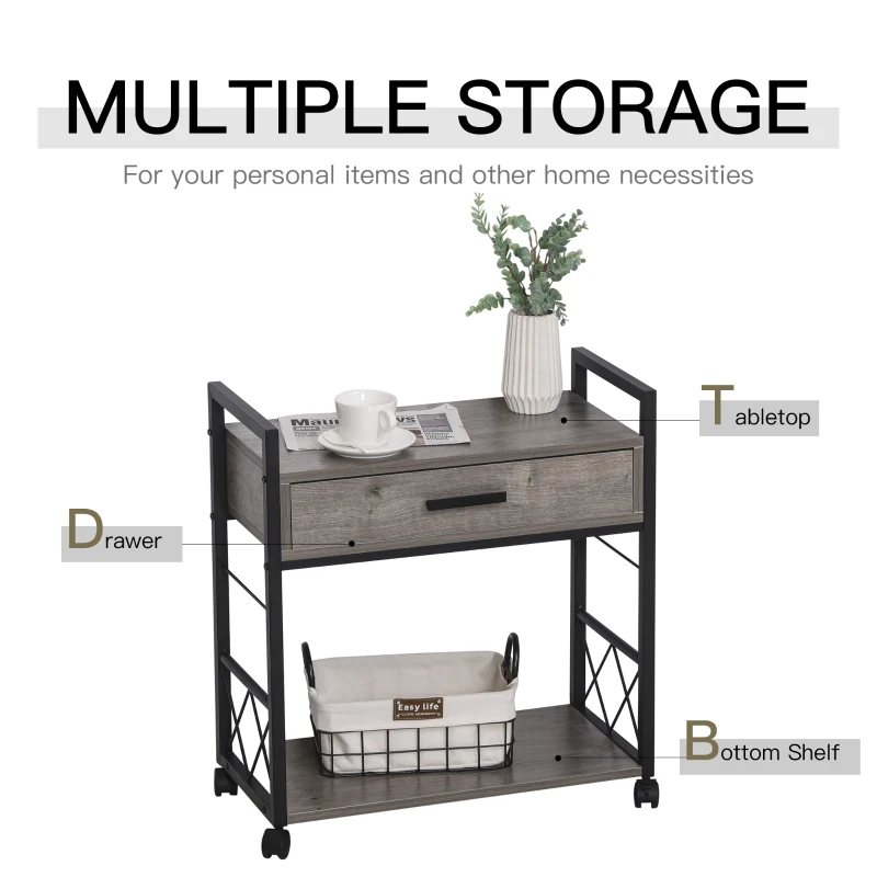 HOMCOM Industrial End Table with Drawer and Bottom Shelf, Mobile Side Table with 4 Wheels for Living Room,Grey