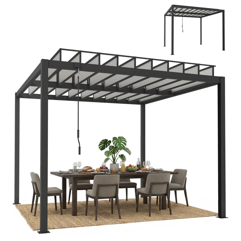 Outsunny 9.5 x 10 ft Louvered Pergola with PC Roof, Aluminium Outdoor Pergola Gazebo with Drainage Gutters, Handle, Clear