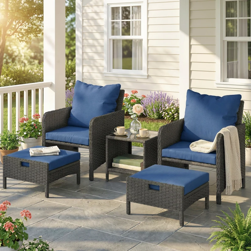 Outsunny 5 Piece Patio Furniture Set, Wicker Outdoor Furniture Set, 23.6" Seat, Ottomans, Glass Table, Cushions, Navy Blue