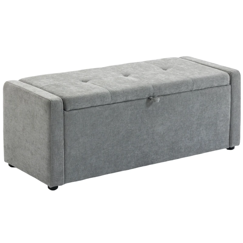HOMCOM Storage Ottoman Bench, Linen-Look Fabric Upholstered Ottoman with Storage, Wide Padded Seat, Light Grey
