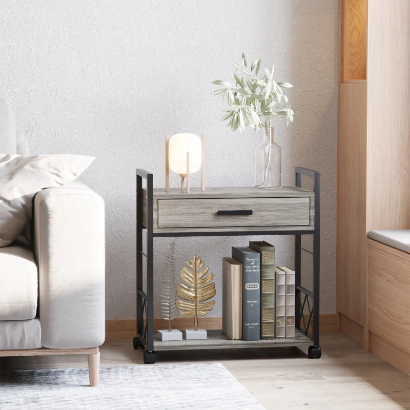 HOMCOM Industrial End Table with Drawer and Bottom Shelf, Mobile Side Table with 4 Wheels for Living Room,Grey