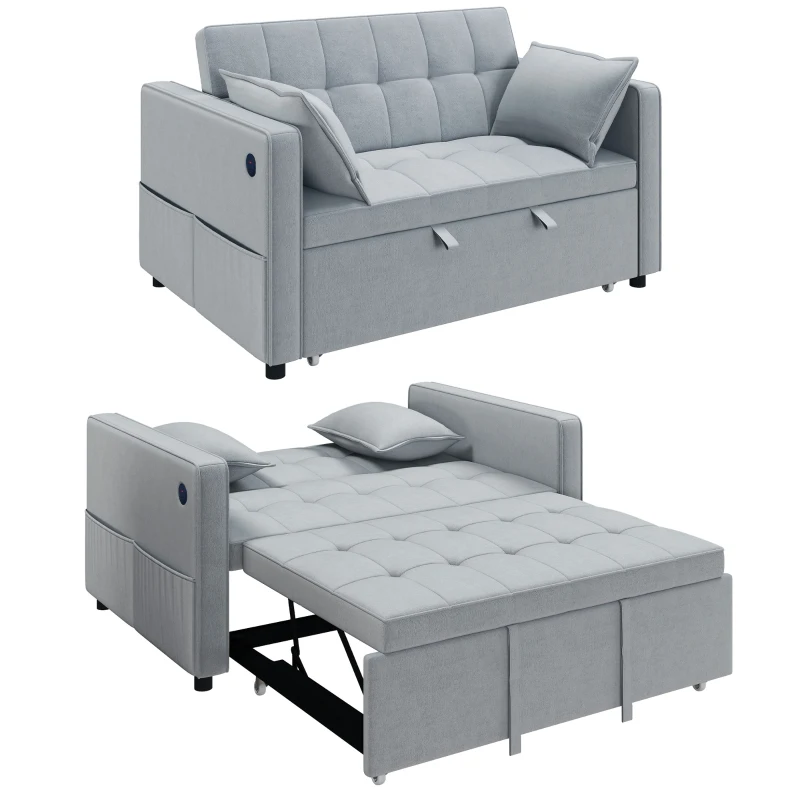 HOMCOM 3‑in‑1 Convertible Sofa Bed, Pull Out Sleeper Sofa with USB Charging, Adjustable Backrest, Side Pockets, Light Grey