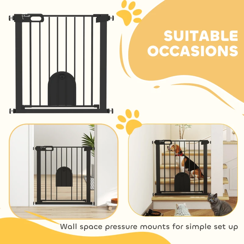 PawHut 30"-32" Extra Wide Pet Gate Barrier with Small Door, 30"H Dog Gate with Safety Gate Barrier, Stair Pressure Fit, Black