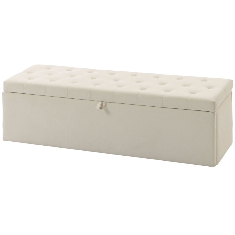 HOMCOM Storage Ottoman, Upholstered Velvet End of Bed Bench, Button Tufted Storage Bench for Bedroom, Living Room, Beige