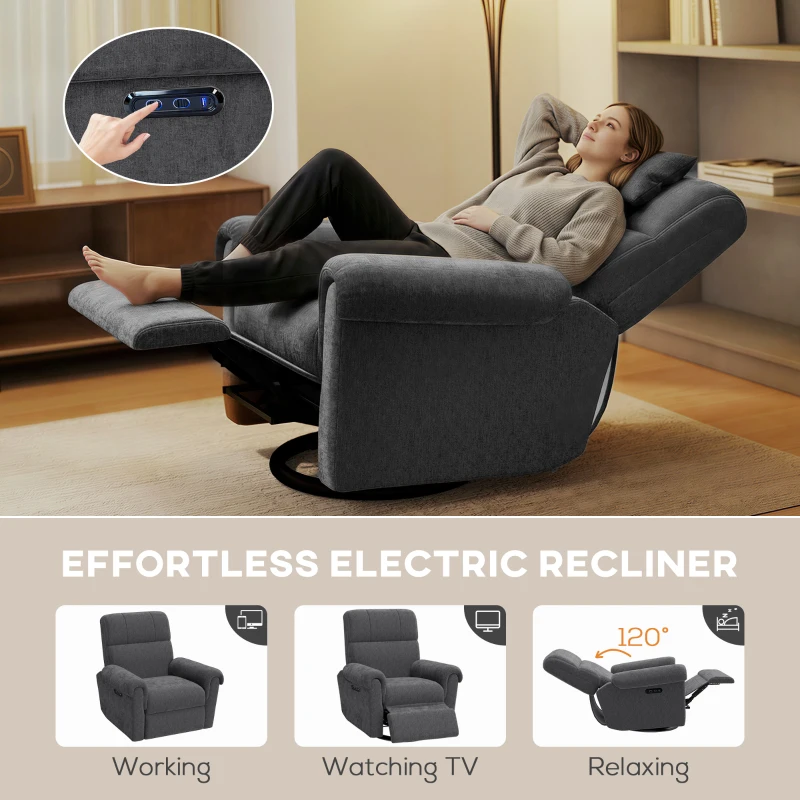 HOMCOM Power Recliner Chair, Fabric Upholstered Recliner Chair with USB Ports, Swivel and Rocking Function, Footrest, Dark Grey